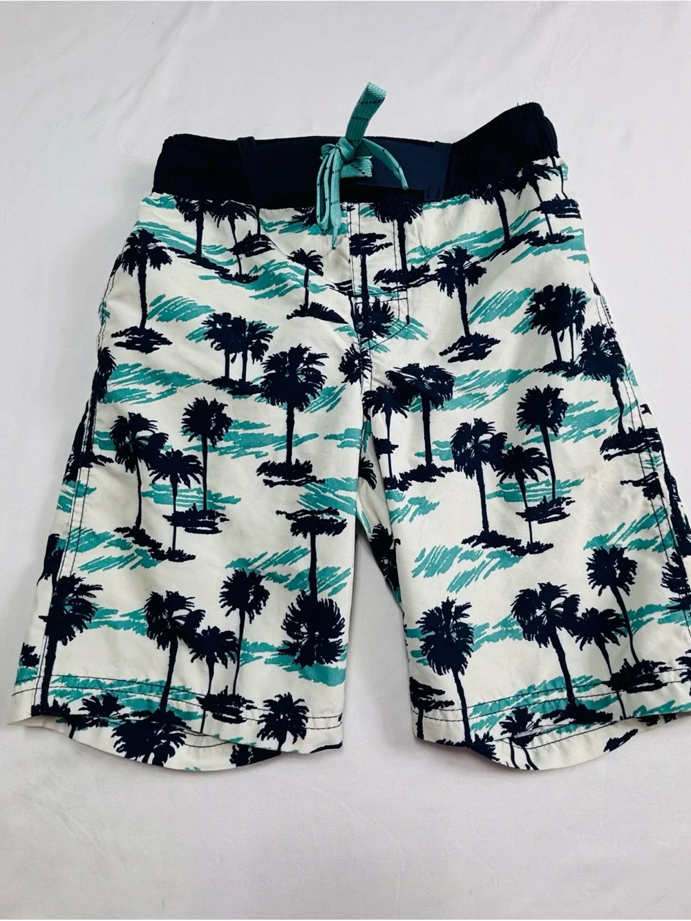 Kids Palm Print Swim Trunks in White, Teal & Navy K150